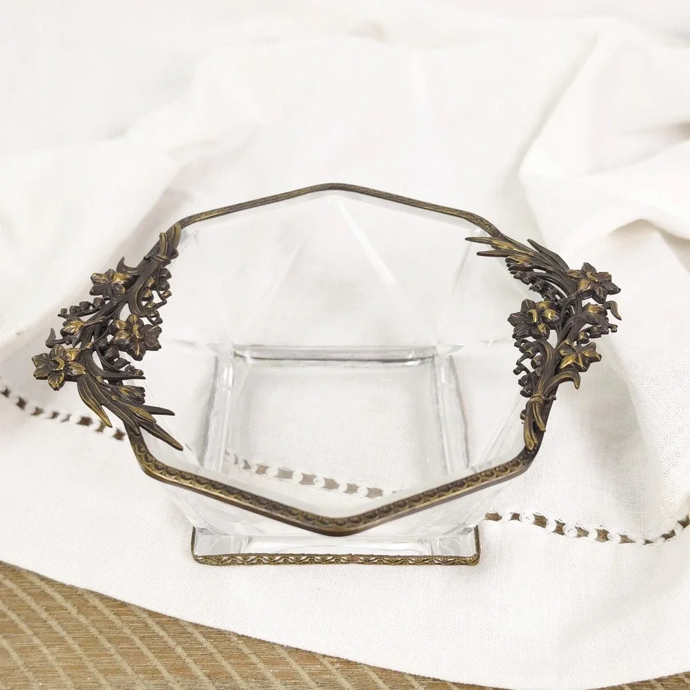 Vintage Candy Dish with Ornate‎ Handles, Decorative Cache Bowl, Trinket Dish